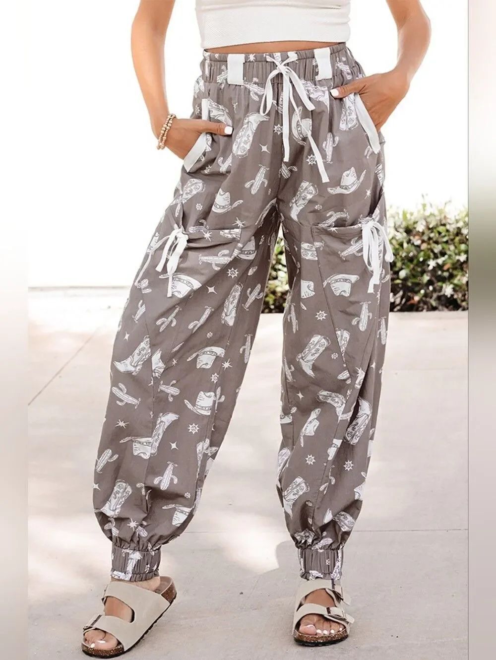 Western Cactus Print Cowgirl Relaxed Cargo Joggers in Taupe Comfy Casual Cute